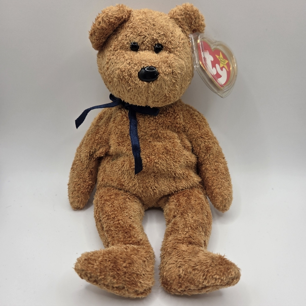Ty Brown Teddy Bear Plush with Navy Bow
